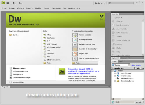 Ecran initial de Dreamweaver CS4